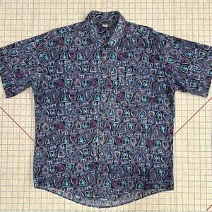 Local Motion Abstract Art Hawaiian Camp Button Shirt Men Large Hawaii Made Rayon